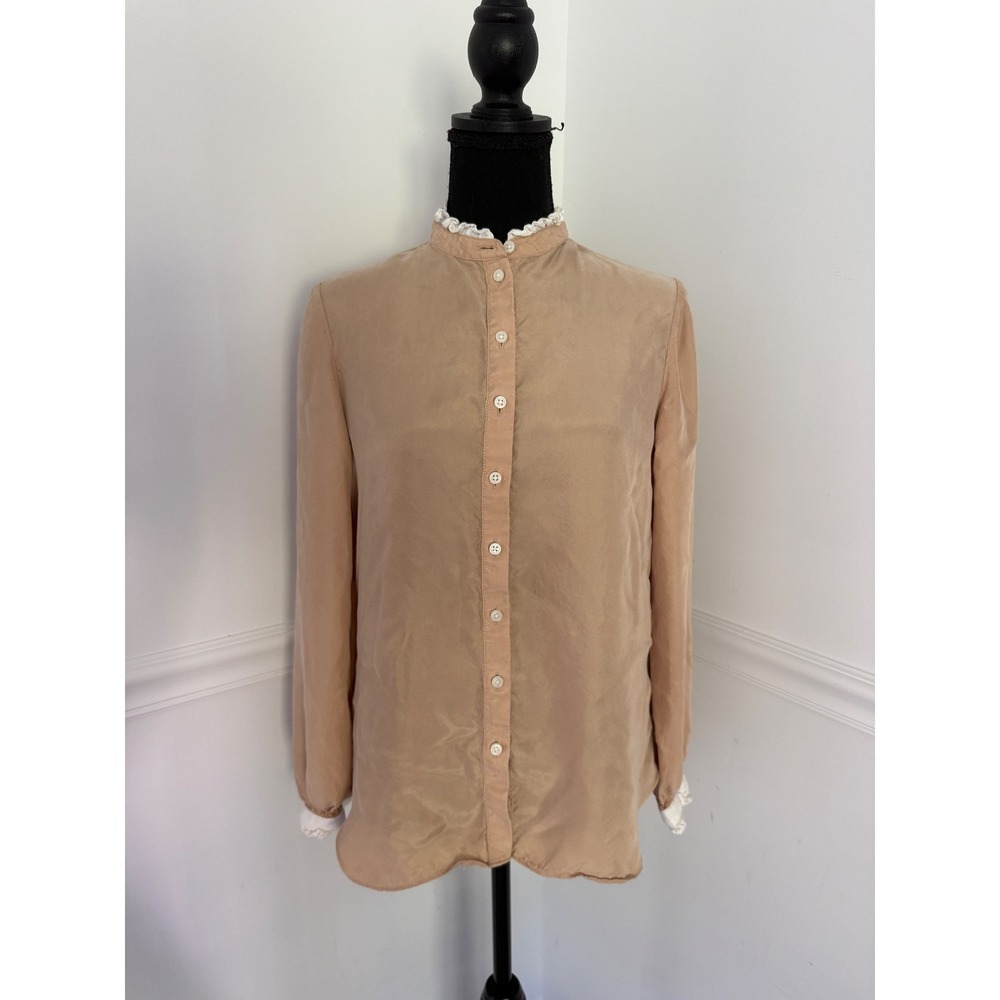 J.Crew Tan Ruffle Trim Band Collar Cupro Viscose Blouse Top office size S